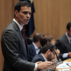 El secretario general del PSOE, Pedro Sánchez, se dirige a sus compañeros parlamentarios.