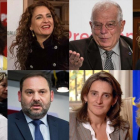 Ocho de los nuevos ministros del Gobierno de Pedro Sánchez. De izquierda a derecha y de arriba a abajo: Carmen Calvo, Josep Borrell, María Jesús Montero, José Luis Ábalos, Meritxell Batet y Teresa Ribera.