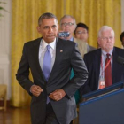 Obama se dispone a iniciar su rueda de prensa sobre el pacto nuclear con Irán en la Casa Blanca, en Washington, este miércoles.