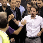 El líder de Podemos, Pablo Iglesias, durante la celebración de la asamblea ciudadana.
