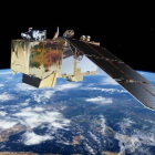 Representación gráfica de uno de los satélites Sentinel-2 en pleno vuelo.