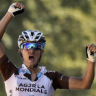 El ciclista francés Alexis Vuillermoz celebra su victoria en la octava etapa del Tour, al cruzar la línea de meta en el Muro de Bretaña.