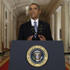 El presidente de EEUU, Barack Obama, durante su discurso televisado a la nación, esta madrugada. Evan Vucci.