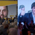 Oriol Junqueras y Carles Puigdemont, en mítines de campaña.