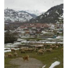 Un rebaño pasta en las cercanías de un pueblo de la montaña