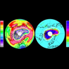Dos fotografías cedidas por la NASA que muestran, a la izquierda, la capa de ozono en la estratosfera de la Tierra a una altitud de aproximadamente 20 kilómetros a mediados de marzo del 2011. A la derecha: datos del monóxido de cloro, el principal agente