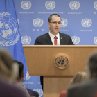 El canciller de Venezuela  Jorge Arreaza  mientras habla durante una conferencia de prensa ofrecida hoy en la sede del organismo en Nueva York.