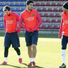 Messi, Suárez y Neymar, en el entrenamiento de este jueves.
