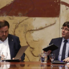 Oriol Junqueras y Carles Puigdemont, en la reunión del Consell Executiu de este martes.