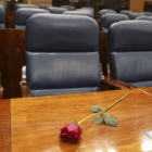 Una rosa en el escaño que ocupaba en la Asamblea de Madrid el secretario de Movimientos Sociales del PSOE, Pedro Zerolo, fallecido ayer a los 54 años a causa del cáncer de páncreas que padecía.