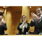 El líder del PP, Mariano Rajoy, y otros dirigentes del partido este miércoles en el Senado.