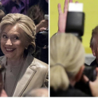 Combo de fotografías de Clinton y Trump, tras votar en sus respectivos centros electorales, este martes.