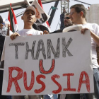 Partidarios del Gobierno sirio se manifiestan en agradecimiento a Rusia, en Damasco.