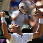 Djokovic celebra, a pie de pista, su triunfo en Wimbledon /