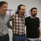 Íñigo Errejón, Pablo Iglesias y Ramón Espinar, este jueves en la sede de Podemos.