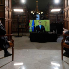 Lesmes, Sánchez y Muñoz Machado, ayer en la presentación virtual de la edición en línea del Diccionario panhispánico del español jurídico. JORGE ROJAS