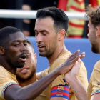 Los jugadores de Barça celebran un gol de Dembelé. DAVIS