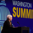La secretaria del Tesoro de EE UU, Janet Yellen, ayer en la Asociación de Banqueros en Washington. WILL OLIVER