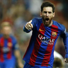 Messi celebra un gol al Madrid en el Bernabéu, esta temporada.