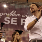Iglesias durante el acto celebrado ayer por Podemos en la plaza de toros de Vistalegre.