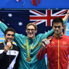 Finalistas 400 metros libres Río. En medio, Mack Horton, oro; a la derecha, el chino Sun Yang, plata; y a la izquierda el italiano Gabriele Detti, bronce.