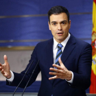 Sánchez, durante la rueda de prensa tras la reunión con los independentistas catalanes. J.P.GANDUL