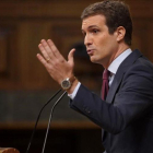 Pablo Casado, este miércoles durante su discurso en la tribuna del Congreso.