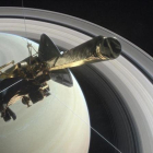 Representacion artística de la nave Cassini durante una de sus ultimas órbitas alrededor de Saturno.