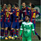 Los jugadores del Barça celebran el gol de Dembélé. FONTCUBERTA