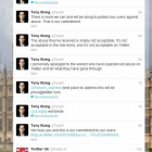 El perfil de Tony Wang, con los tres tuits en los que pide disculpas a las mujeres que han sido acosadas en la red social Twitter.