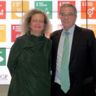 Paloma Durán, Directora del Fondo para los Objetivos de Desarrollo Sostenible de Naciones Unidas, y César Alierta, antes de la presentación del acuerdo.