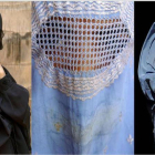 Una mujer con niqab (derecha) y las otras dos con el burka.
