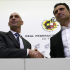 Luis Rubiales y José Francisco Molina, en la presentación del nuevo director deportivo de la FEF. /