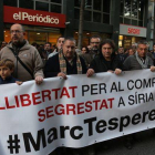 Concentración para pedir la liberación de Marc Marginedas, este miércles, ante la sede del diario, en Barcelona.
