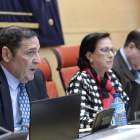 El consejero de Sanidad, Antonio María Sáez, en su comparecencia de ayer en las Cortes. N. GALLEGO