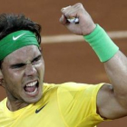 Rafa Nadal celebra su victoria frente al suizo Roger Federer en la semifinal de Madrid.