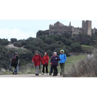 Peregrinos del Camino de Invierno en una de las promociones a su paso por el castillo de Cornatel, en Priaranza