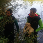 Dos agentes del Greim de la Guardia Civil con el perro rescatado.