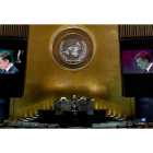 El presidente del Gobierno de España, Pedro Sánchez, habla ante la Asamblea General de las Naciones Unidas el jueves. PETER FOLEY