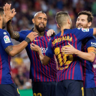 Vidal, fichado esta temporada, junto a Luis Suárez, Messi y Jordi Alba. MARTA PÉREZ