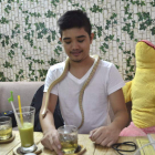 Un cliente de la cafetería Tegu sostiene una serpiente.