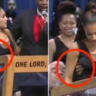 Imágenes en que se ve como el sacerdote toca el pecho a Ariana Grande en el funeral de Aretha Franklin.