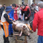 Momento en que los mozos y mozas limpian el gocho en la plaza de los Pueblos de Riaño.