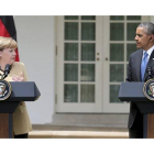 El presidente estadounidense Barack Obama y la cancillera alemana Angela Merkel durante la rueda de prensa tras su encuentro celebrado en la Casa Blanca.