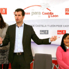 Ana Redondo, Luis Tudanca y Ana Sánchez antes de iniciar la rueda de prensa, ayer en Valladolid.