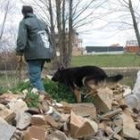 Un policía ayudado por su perro busca entre los escombros el cadáver de un desaparecido