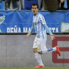 Juanmi celebra su primer gol con el Málaga ante el Córdoba.