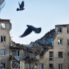 Un bando de palomas vuela frente a los restos de un bloque de apartamentos en la ciudad ucraniana de Bajmut. OLEG PETRASYUK