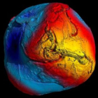 Imagen tomada desde el satélite que muestra un mapa de la gravedad de la Tierra.
