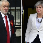 Combo de fotos de Jeremy Corbyn (izq) y Theresa May, tras votar el 8 de junio, en el norte de Londres y en Maidenhead, respectivamente.